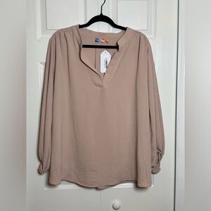 Freckled Poppy Taupe V-Neck Blouse 1XL NWT Long Sleeve Business Casual Top